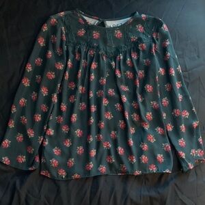 LOFT Floral Blouse - Dark Green and Pink/Red